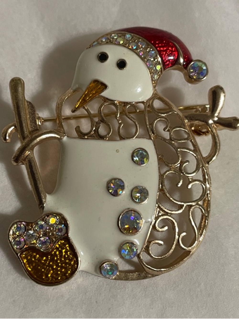 Holiday Snowman Crystal Brooch – White and Red Accent